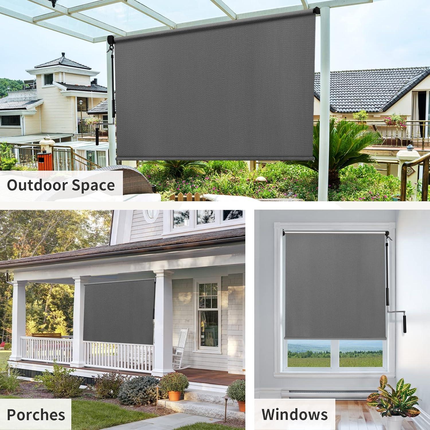 imageAmagenix Outdoor Roller Shades 8W x 6H Sesame Exterior Cordless Patio Shades Roll up Outdoor Blinds for Porch Gazebo Spliced of Two SectionsGraycordless