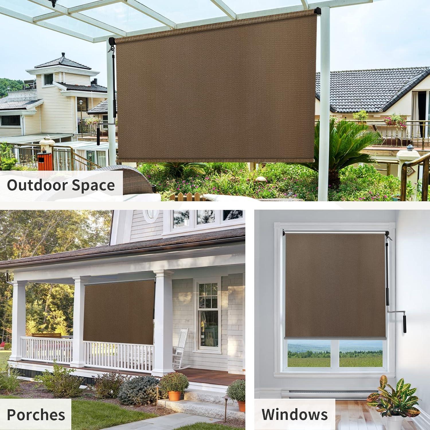 imageAmagenix Outdoor Roller Shades 8W x 6H Sesame Exterior Cordless Patio Shades Roll up Outdoor Blinds for Porch Gazebo Spliced of Two SectionsMochacordless