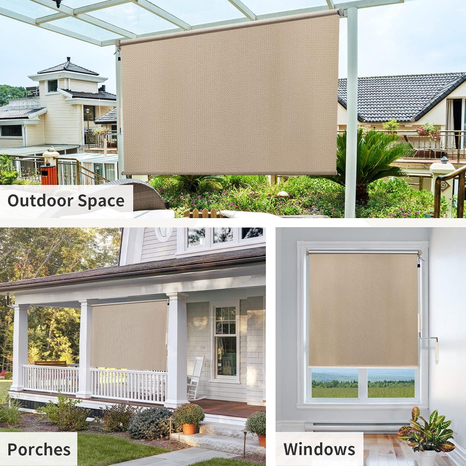 imageAmagenix Outdoor Roller Shades 8W x 6H Sesame Exterior Cordless Patio Shades Roll up Outdoor Blinds for Porch Gazebo Spliced of Two SectionsSesamecordless